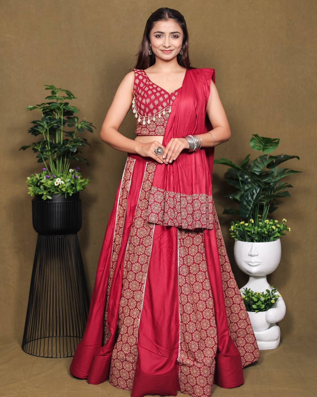 Beautiful Ajarakh Printed Kali with Fully Flaird Pink lahengha Choli