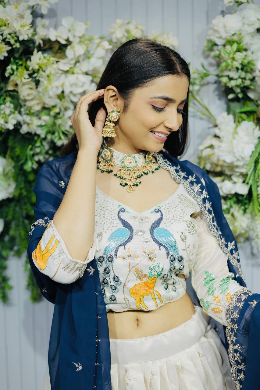 Beautiful Peacock & Tree Panel Embroidered Work of Sequence and Blue Color Threads with Canvas Attached