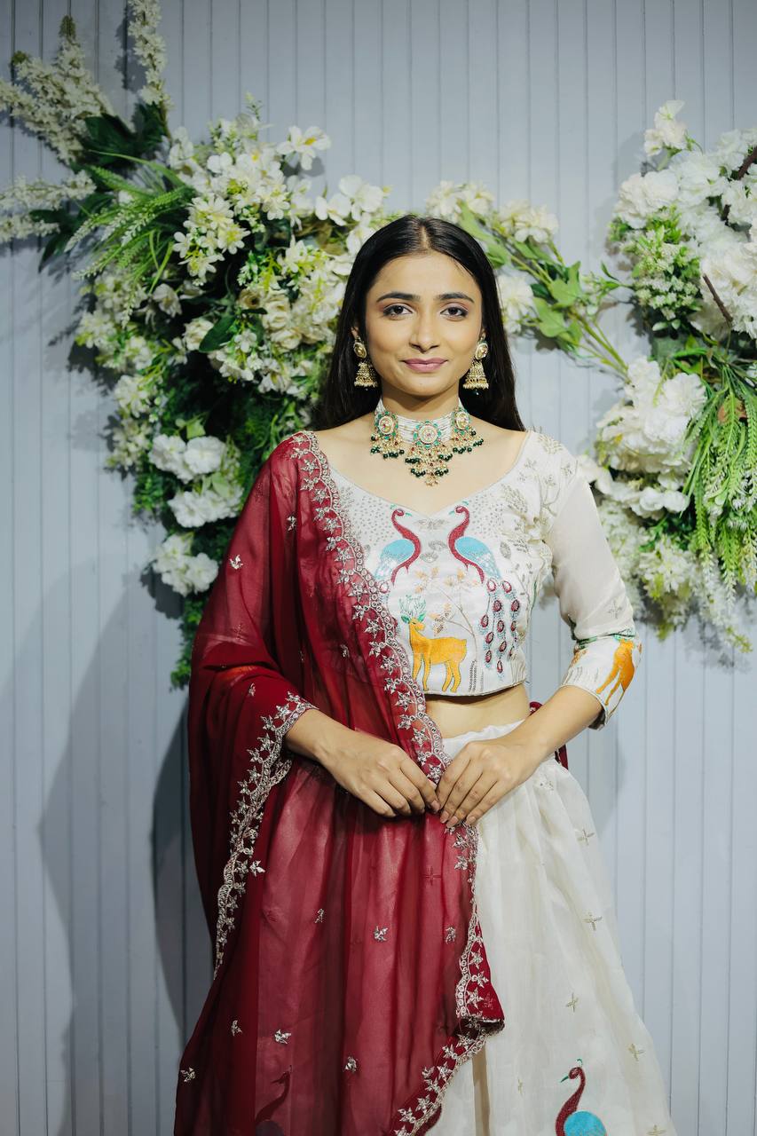 Beautiful Peacock & Tree Panel Embroidered Work of Sequence and Marron Color Threads with Canvas Attached