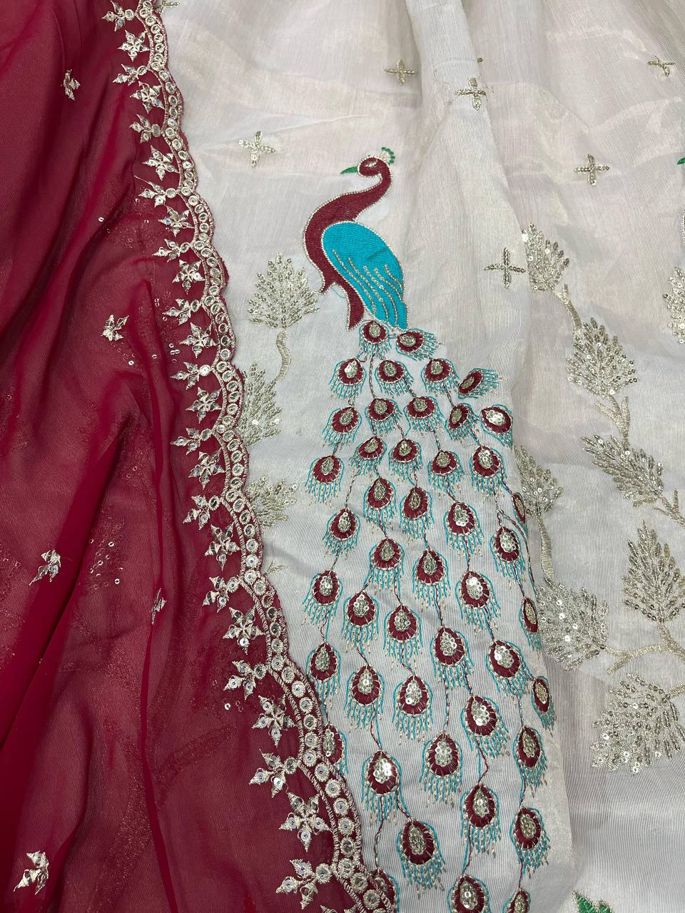 Beautiful Peacock & Tree Panel Embroidered Work of Sequence and Marron Color Threads with Canvas Attached