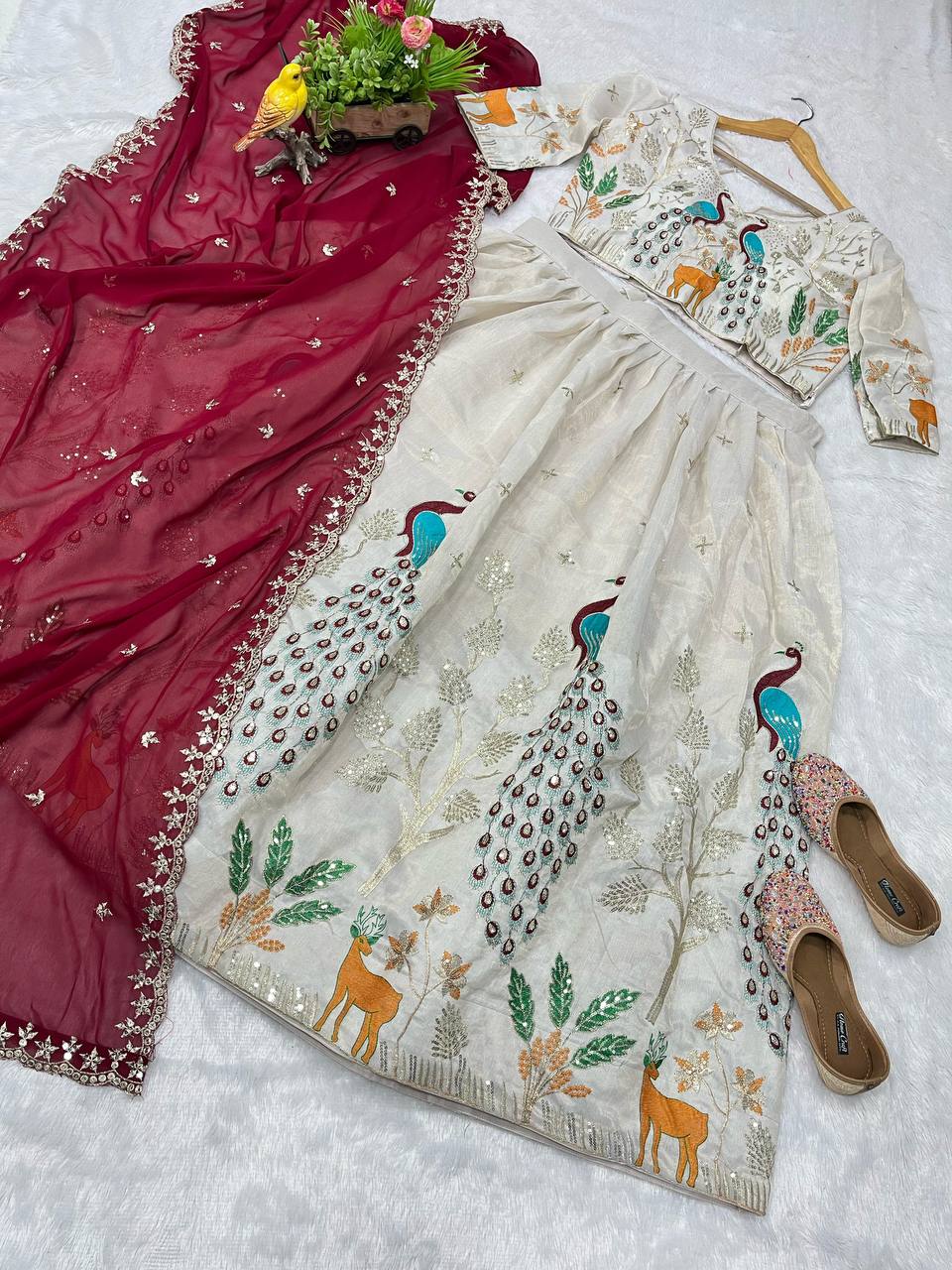 Beautiful Peacock & Tree Panel Embroidered Work of Sequence and Marron Color Threads with Canvas Attached
