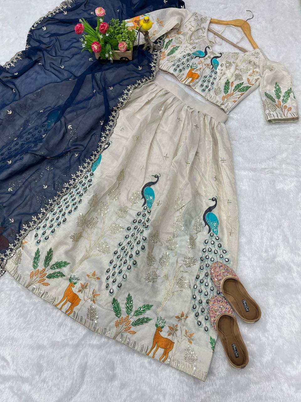 Beautiful Peacock & Tree Panel Embroidered Work of Sequence and Blue Color Threads with Canvas Attached
