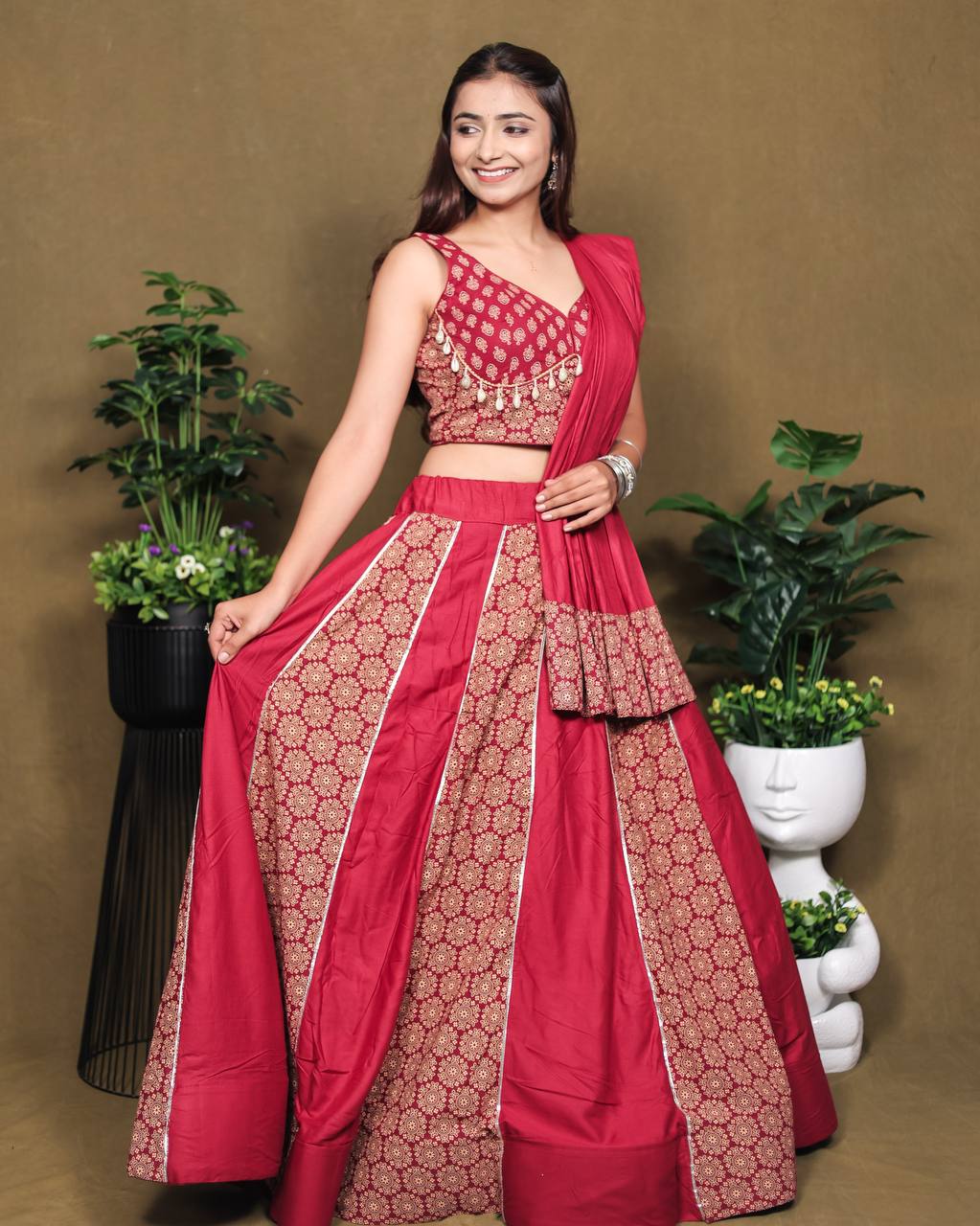 Beautiful Ajarakh Printed Kali with Fully Flaird Pink lahengha Choli