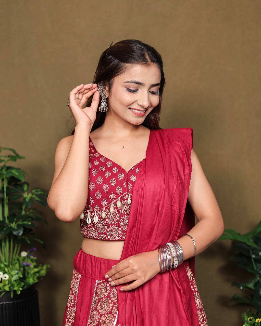 Beautiful Ajarakh Printed Kali with Fully Flaird Pink lahengha Choli