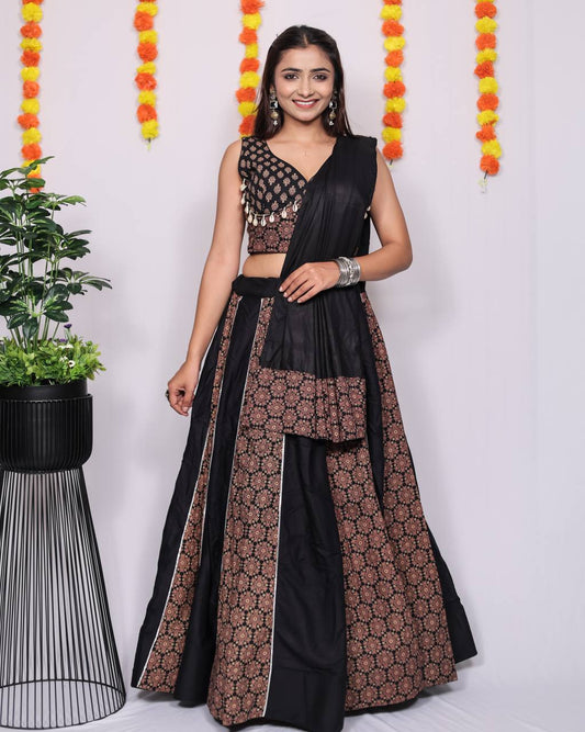 Beautiful Ajarakh Printed Kali with Fully Flaird Black lahengha Choli