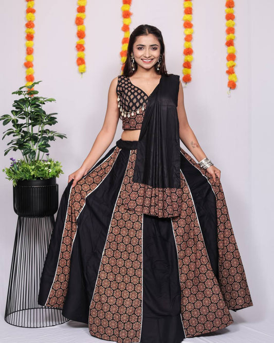 Beautiful Ajarakh Printed Kali with Fully Flaird Black lahengha Choli