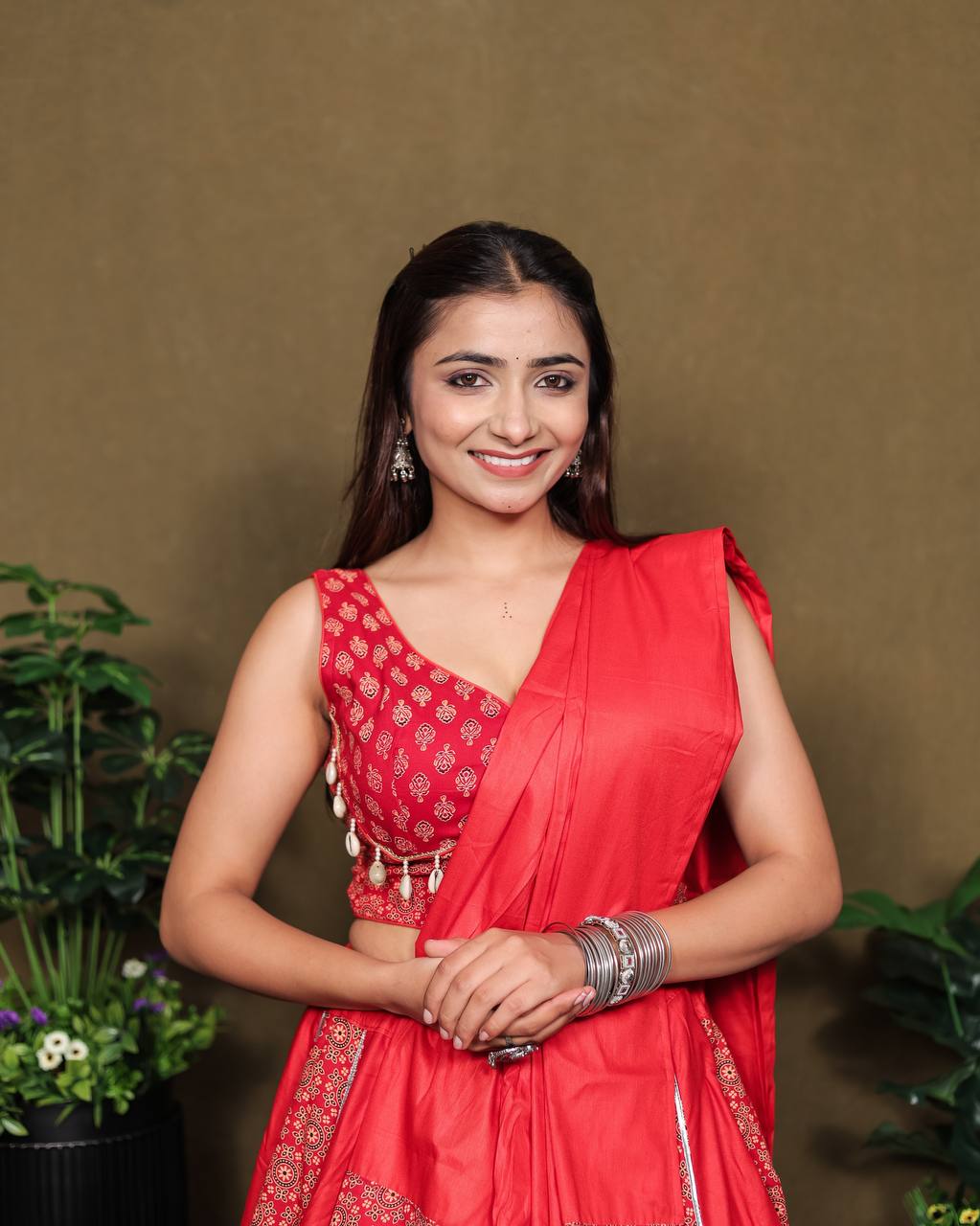 Beautiful Ajarakh Printed Kali with Fully Flaird Red lahengha Choli