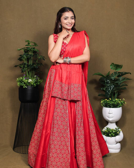 Beautiful Ajarakh Printed Kali with Fully Flaird Red lahengha Choli