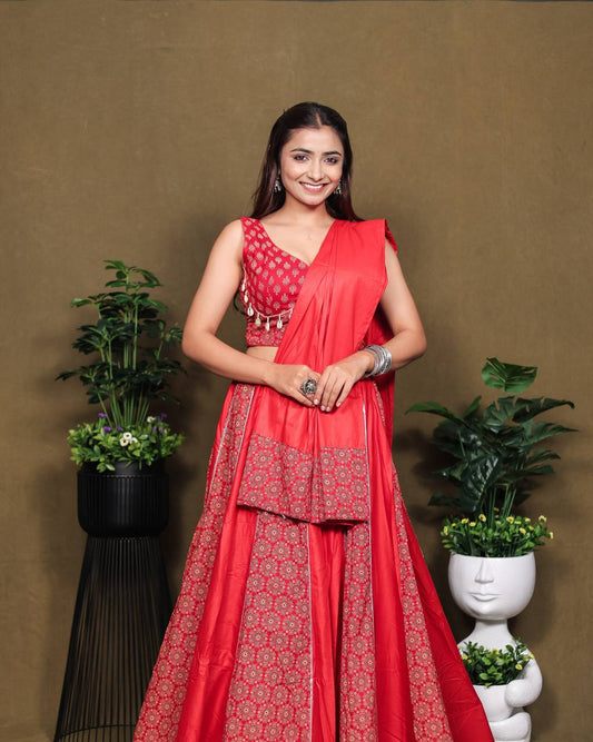Beautiful Ajarakh Printed Kali with Fully Flaird Red lahengha Choli