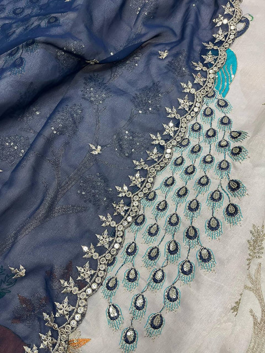 Beautiful Peacock & Tree Panel Embroidered Work of Sequence and Blue Color Threads with Canvas Attached