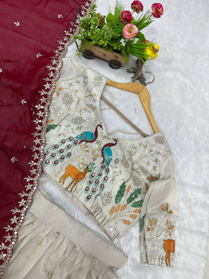 Beautiful Peacock & Tree Panel Embroidered Work of Sequence and Marron Color Threads with Canvas Attached