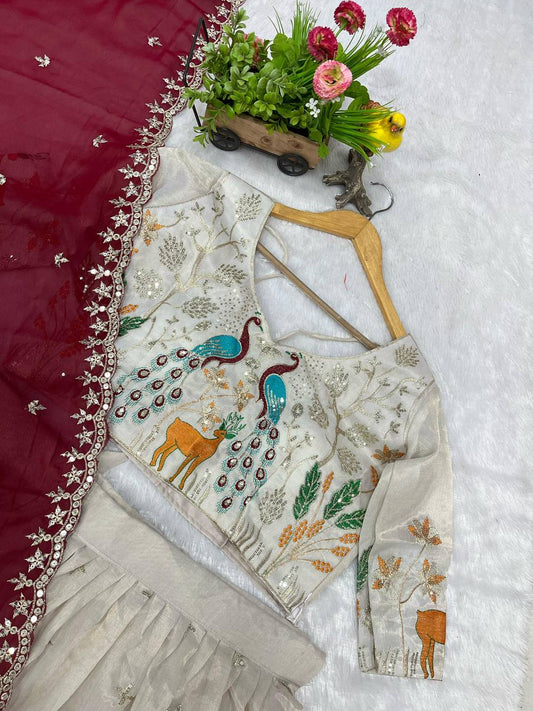 Beautiful Peacock & Tree Panel Embroidered Work of Sequence and Marron Color Threads with Canvas Attached