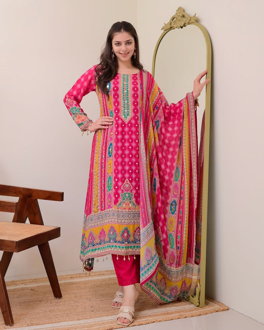 Heavy Cotton With Digital Print With Real Mirror With Dimad Handwork With Full Sleeve Pink Set