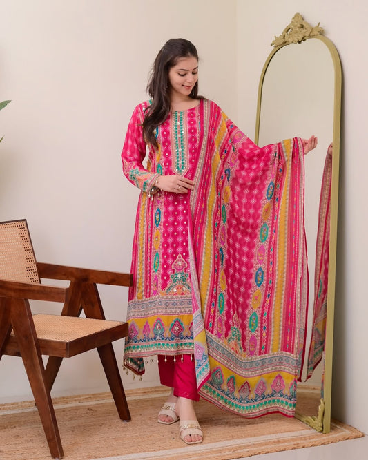 Heavy Cotton With Digital Print With Real Mirror With Dimad Handwork With Full Sleeve Pink Set