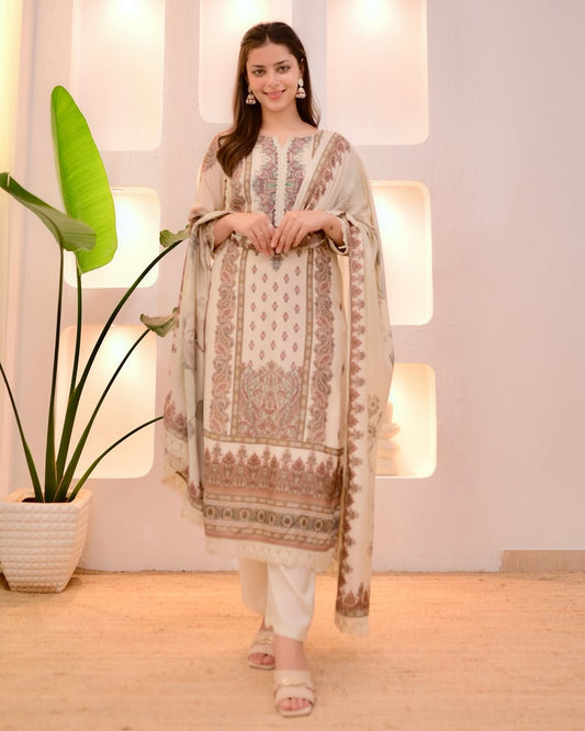 Heavy Cotton With Digital Print With Real Mirror With Dimad Handwork With Full Sleeve Apricot Set