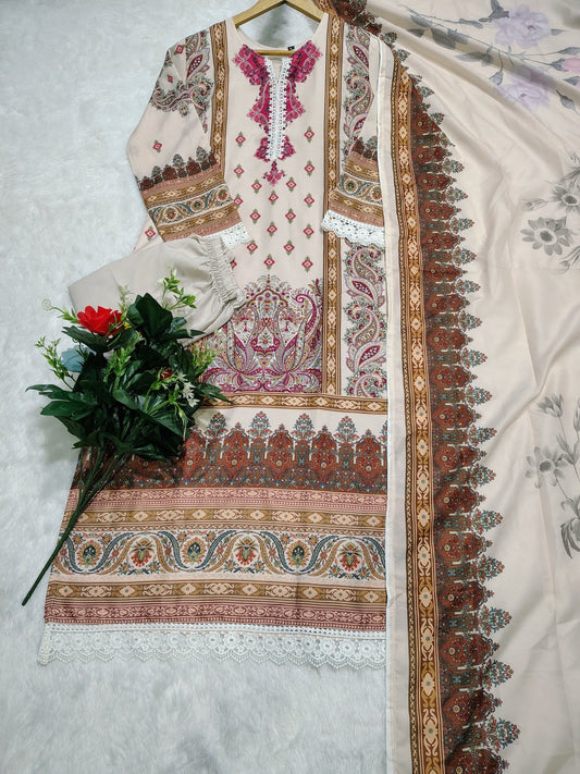 Heavy Cotton With Digital Print With Real Mirror With Dimad Handwork With Full Sleeve Apricot Set