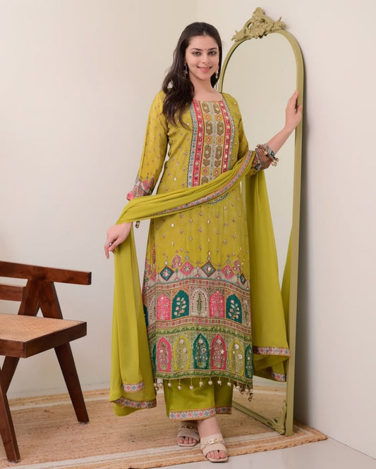 Heavy Cotton With Digital Print With Real Mirror Handwork With Full Sleeve Green Set